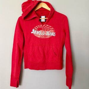 Ralph Lauren Polo Jeans Red Hooded Pullover Sweatshirt Y2K Women Junior Crop